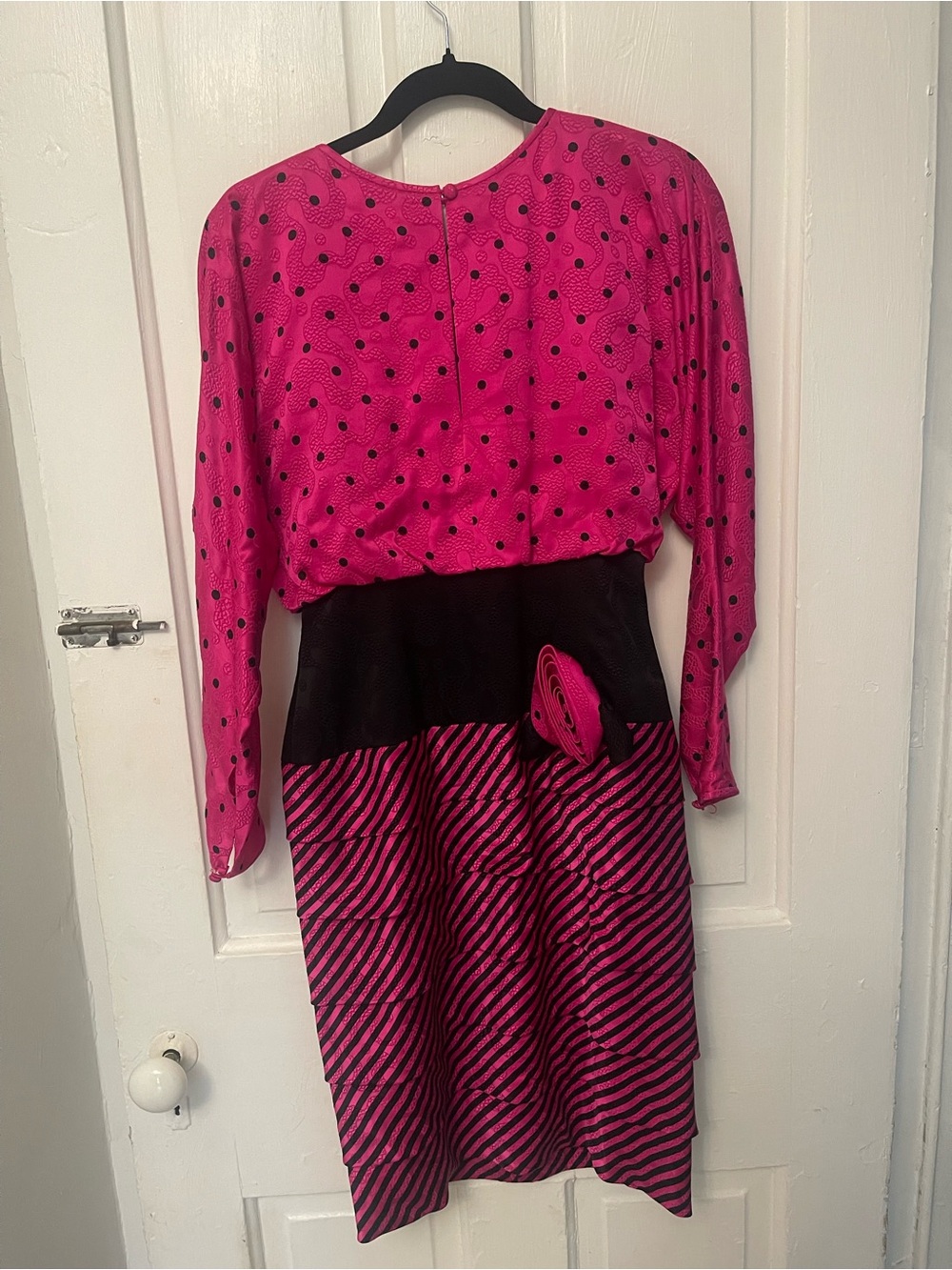 A.J. Bari Hot Pink and Black Mixed-Pattern Long Sleeve Dress